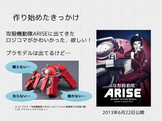 作り始めたきっかけ
2013年6月22日公開
攻殻機動隊ARISEに出てきた
ロジコマがかわいかった．欲しい！
プラモデルは出てるけど…
喋らない…
動かない…光らない…
※コトブキヤ 『攻殻機動隊 ARISE』ロジコマｗith草薙素子&荒巻大輔：
1/35 プラスチックモデルキット
 