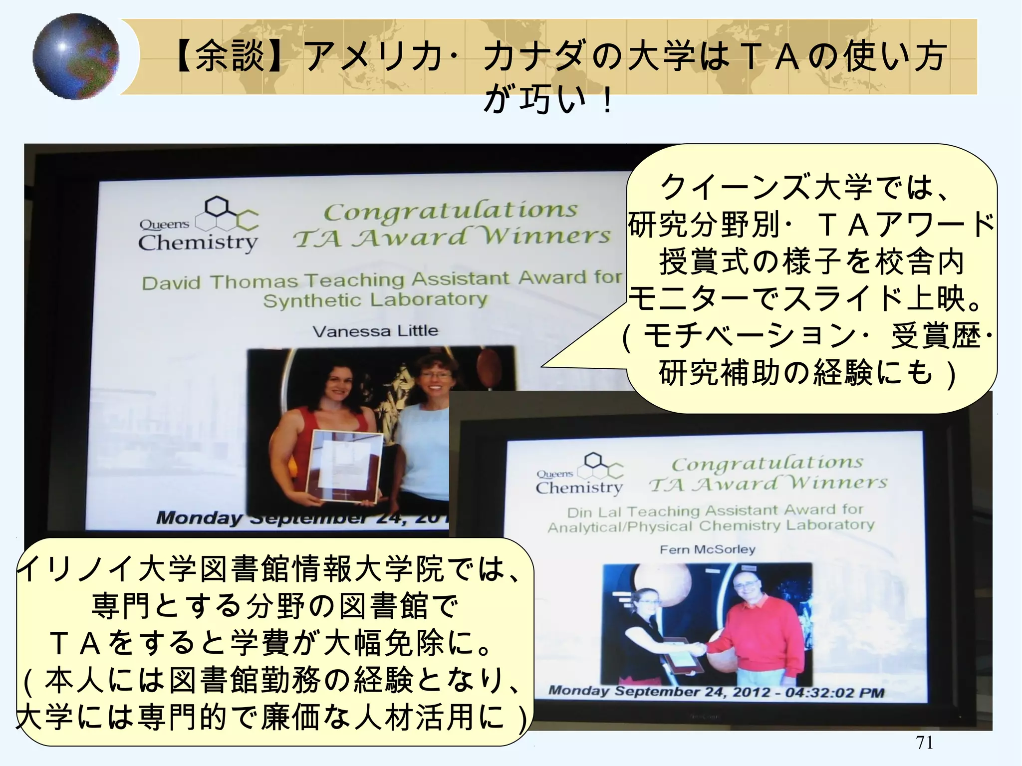 71
【余談】アメリカ・カナダの大学はＴＡの使い方
が巧い！
クイーンズ大学では、
研究分野別・ＴＡアワード
授賞式の様子を校舎内
モニターでスライド上映。
（モチベーション・受賞歴・
研究補助の経験にも）
イリノイ大学図書館情報大学院では、
専門とする分野の図書館で
ＴＡをすると学費が大幅免除に。
（本人には図書館勤務の経験となり、
大学には専門的で廉価な人材活用に）
 