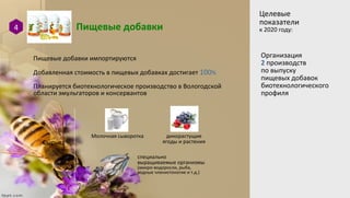 Пищевые добавки4
Целевые
показатели
к 2020 году:
Пищевые добавки импортируются
Добавленная стоимость в пищевых добавках достигает 100%
Планируется биотехнологическое производство в Вологодской
области эмульгаторов и консервантов
Сырье:
Молочная сыворотка дикорастущие
ягоды и растения
специально
выращиваемые организмы
(микро-водоросли, рыба,
водные членистоногие и т.д.)
Организация
2 производств
по выпуску
пищевых добавок
биотехнологического
профиля
 