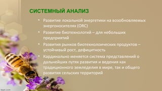 СИСТЕМНЫЙ АНАЛИЗ
• Развитие локальной энергетики на возобновляемых
энергоносителях (ORC)
• Развитие биотехнологий – для небольших
предприятий
• Развития рынков биотехнолоических продуктов –
устойчивый рост, дефицитность
• Кардинально меняется система представлений о
дальнейших путях развития и ведения как
традиционного земледелия в мире, так и общего
развития сельских территорий
 