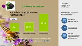 Устойчивое плодородие1
Целевые
показатели
к 2020 году:
Производство продукции
для плодородия:
300
тыс. м3
гуматов и
фульвогуматов
1 млн.
тонн
торфогрунтов
биоактивных
350
тыс. тонн
средств
компостирования
навоза и помета
с/х животныхБиотехнологический подход к плодородию почв и генетике
обеспечит прирост кормовой базы области на 60-70%
Средняя по России Вологодская область Биотехнология
Урожайность традиционных
кормовых трав
т/га
28 29-31
50-70
 