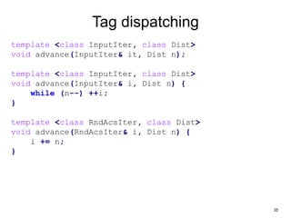 35
Tag dispatching
template <class InputIter, class Dist>
void advance(InputIter& it, Dist n);
template <class InputIter, class Dist>
void advance(InputIter& i, Dist n) {
while (n--) ++i;
}
template <class RndAcsIter, class Dist>
void advance(RndAcsIter& i, Dist n) {
i += n;
}
 