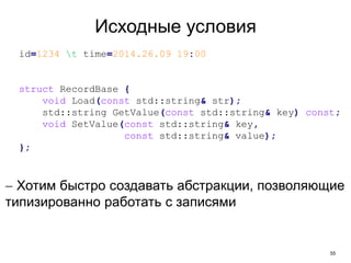 55
Исходные условия
id=1234 t time=2014.26.09 19:00
struct RecordBase {
void Load(const std::string& str);
std::string GetValue(const std::string& key) const;
void SetValue(const std::string& key,
const std::string& value);
};
 Хотим быстро создавать абстракции, позволяющие
типизированно работать с записями
 