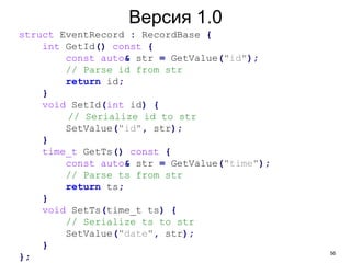 56
Версия 1.0
struct EventRecord : RecordBase {
int GetId() const {
const auto& str = GetValue("id");
// Parse id from str
return id;
}
void SetId(int id) {
// Serialize id to str
SetValue("id", str);
}
time_t GetTs() const {
const auto& str = GetValue("time");
// Parse ts from str
return ts;
}
void SetTs(time_t ts) {
// Serialize ts to str
SetValue("date", str);
}
};
 