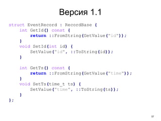 57
Версия 1.1
struct EventRecord : RecordBase {
int GetId() const {
return ::FromString(GetValue("id"));
}
void SetId(int id) {
SetValue("id", ::ToString(id));
}
int GetTs() const {
return ::FromString(GetValue("time"));
}
void SetTs(time_t ts) {
SetValue("time", ::ToString(ts));
}
};
 