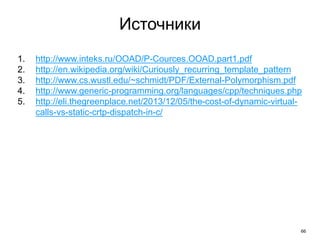 66
Источники
1. http://www.inteks.ru/OOAD/P-Cources.OOAD.part1.pdf
2. http://en.wikipedia.org/wiki/Curiously_recurring_template_pattern
3. http://www.cs.wustl.edu/~schmidt/PDF/External-Polymorphism.pdf
4. http://www.generic-programming.org/languages/cpp/techniques.php
5. http://eli.thegreenplace.net/2013/12/05/the-cost-of-dynamic-virtual-
calls-vs-static-crtp-dispatch-in-c/
 