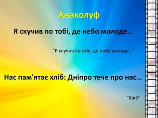 Анаколуф
Нас пам'ятає хліб: Дніпро тече про нас…
“Хліб”
Я скучив по тобі, де небо молоде…
“Я скучив по тобі, де небо молоде…”
 