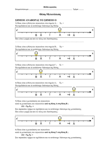 Φύλλο εργασίας
Ονοματεπώνυμο:…………………………………………………………………………………………. Τμήμα: ………..
Θέση-Μετατόπιση
ΣΗΜΕΙΟ ΑΝΑΦΟΡΑΣ ΤΟ ΣΗΜΕΙΟ Ο
1) Ποια είναι η θέση του πιγκουίνου στο σημείο Α ; ΧΑ =
Να σχεδιάσετε και το αντίστοιχο διάνυσμα της θέσης.
Ï
x' x
AB ÄÃ +4
Που είναι η αρχή και που το τέλος του διανύσματος;
…………………………………………………………………………………………
2) Ποια είναι η θέση του πιγκουίνου στο σημείο Β ; ΧΒ =
Να σχεδιάσετε και το αντίστοιχο διάνυσμα της θέσης.
Ï
x' x
AB ÄÃ +4
3) Ποια είναι η θέση του πιγκουίνου στο σημείο Γ ; ΧΓ =
Να σχεδιάσετε και το αντίστοιχο διάνυσμα της θέσης.
Ï
x' x
AB ÄÃ +4
4) Ποια είναι η θέση του πιγκουίνου στο σημείο Δ ; ΧΔ =
Να σχεδιάσετε και το αντίστοιχο διάνυσμα της θέσης.
Ï
x' x
AB ÄÃ +4
5) Ποια είναι η μετατόπιση του πιγκουίνου
κατά τη μετακίνηση του πιγκουίνου από τη θέση Α στη θέση Β ;
ΔΧ = ΧΒ-ΧΑ- =
Στο παρακάτω σχήμα να σχεδιάσετε και το αντίστοιχο διάνυσμα της μετατόπισης.
Που είναι η αρχή και που το τέλος του διανύσματος;
…………………………………………………………………………………………
Ï
x' x
AB ÄÃ +4
6) Ποια είναι η μετατόπιση του πιγκουίνου
κατά τη μετακίνηση του πιγκουίνου από τη θέση Γ στη θέση Β ;
ΔΧ = ΧΒ-ΧΓ =
Στο παρακάτω σχήμα να σχεδιάσετε και το αντίστοιχο διάνυσμα της μετατόπισης.
 