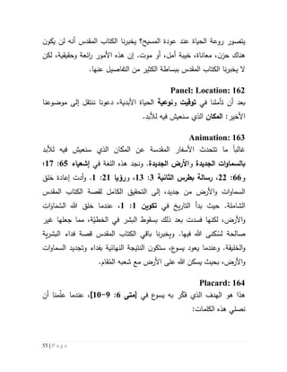 55 | P a g e
‫عن‬ ‫الحياة‬ ‫روعة‬ ‫يتصور‬‫نا‬‫ر‬‫يخب‬ ‫المسيح؟‬ ‫عودة‬ ‫د‬‫ال‬‫كتاب‬‫المقدس‬‫ن‬‫يكو‬ ‫لن‬ ‫أنه‬
،‫ن‬‫حز‬ ‫هناك‬‫معاناة‬.‫موت‬ ‫أو‬ ،‫أمل‬ ‫خيبة‬ ،‫إن‬‫لكن‬ ،‫وحقيقية‬ ‫ائعة‬‫ر‬ ‫األمور‬ ‫هذه‬
‫نا‬‫ر‬‫يخب‬ ‫ال‬‫ال‬‫كتاب‬‫المقدس‬.‫عنها‬ ‫التفاصيل‬ ‫من‬ ‫الكثير‬ ‫ببساطة‬
Panel: Location: 162
‫أ‬ ‫بعد‬‫تأملنا‬ ‫ن‬‫في‬‫توقيت‬‫و‬‫نوعية‬،‫األبدية‬ ‫الحياة‬‫دعونا‬‫إلى‬ ‫ننتقل‬‫موضوعنا‬
‫األ‬‫خير‬:‫المكان‬.‫لألبد‬ ‫فيه‬ ‫سنعيش‬ ‫الذي‬
Animation: 163
‫غالب‬‫ا‬‫ت‬ ‫ما‬‫تحدث‬‫المقدسة‬ ‫األسفار‬‫لألبد‬ ‫فيه‬ ‫سنعيش‬ ‫الذي‬ ‫المكان‬ ‫عن‬
‫ب‬‫السم‬‫او‬‫ا‬‫ت‬‫الجديدة‬‫و‬‫الجديدة‬ ‫األرض‬‫في‬ ‫اللغة‬ ‫هذه‬ ‫ونجد‬ .‫إشعياء‬62:57‫؛‬
‫و‬66:55،‫رسالة‬‫بطرس‬‫الثانية‬3:53‫و‬ ،‫رؤيا‬55:5.‫إعادة‬ ‫أدت‬‫و‬‫خلق‬
‫ا‬‫لسما‬‫ات‬‫و‬،‫جديد‬ ‫من‬ ‫األرض‬‫و‬‫إلى‬‫ال‬‫الكامل‬ ‫تحقيق‬‫ل‬‫قصة‬‫ال‬‫كتاب‬‫المقدس‬
.‫الشاملة‬‫حيث‬‫في‬ ‫يخ‬‫ر‬‫التا‬ ‫بدأ‬‫تكوين‬5:5،ِ‫ات‬َ‫او‬َ‫م‬ َّ‫الس‬ ‫هللا‬ ‫خلق‬ ‫عندما‬
‫فسدت‬ ‫لكنها‬ ،‫األرض‬‫و‬‫ذلك‬ ‫بعد‬‫غير‬ ‫جعلها‬ ‫مما‬ ،‫ة‬ّ‫الخطي‬ ‫في‬ ‫البشر‬ ‫بسقوط‬
ُ‫لس‬ ‫صالحة‬‫كن‬‫ى‬‫هللا‬‫فيها‬‫و‬ .‫ي‬‫ب‬ ‫نا‬‫ر‬‫خب‬‫ا‬‫قي‬‫ال‬‫كتاب‬‫المقدس‬‫فداء‬ ‫قصة‬‫ية‬‫ر‬‫البش‬
‫وع‬ .‫الخليقة‬‫و‬‫ندما‬‫ي‬‫ع‬‫يسو‬ ‫عود‬،‫السما‬ ‫وتجديد‬ ‫بفداء‬ ‫النهائية‬ ‫النتيجة‬ ‫ن‬‫ستكو‬‫ات‬‫و‬
ُ‫الم‬ ‫شعبه‬ ‫مع‬ ‫األرض‬ ‫على‬ ‫هللا‬ ‫يسكن‬ ‫بحيث‬ ،‫األرض‬‫و‬.‫قام‬
Placard: 164
ّ‫فك‬ ‫الذي‬ ‫الهدف‬ ‫هو‬ ‫هذا‬‫ر‬‫به‬‫في‬ ‫ع‬‫يسو‬[‫متى‬6:9-51،]‫أن‬ ‫منا‬ّ‫ل‬‫ع‬ ‫عندما‬
:‫الكلمات‬ ‫هذه‬ ‫نصلي‬
 