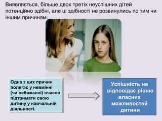 Виявляється, більше двох третіх неуспішних дітей
потенційно здібні, але ці здібності не розвинулись по тим чи
іншим причинам.
Одна з цих причин
полягає у невмінні
(чи небажанні) вчасно
підтримати свою
дитину у навчальній
діяльності.
Одна з цих причин
полягає у невмінні
(чи небажанні) вчасно
підтримати свою
дитину у навчальній
діяльності.
Успішність не
відповідає рівню
власних
можливостей
дитини
 