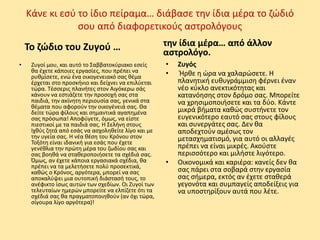 Κάνε κι εσύ το ίδιο πείραμα… διάβασε την ίδια μέρα το ζώδιό
σου από διαφορετικούς αστρολόγους
Το ζώδιο του Ζυγού …
• Ζυγοί μου, και αυτό το Σαββατοκύριακο εσείς
θα έχετε κάποιες εργασίες, που πρέπει να
ρυθμίσετε, ενώ ένα οικογενειακό σας θέμα
έρχεται στο προσκήνιο και δείχνει να επιλύεται
τώρα. Τέσσερις πλανήτες στον Αιγόκερω σάς
κάνουν να εστιάζετε την προσοχή σας στα
παιδιά, την ακίνητη περιουσία σας, γενικά στα
θέματα που αφορούν την οικογένειά σας. Θα
δείτε τώρα φίλους και σημαντικά αγαπημένα
σας πρόσωπα! Αποφύγετε, όμως, να είστε
πιεστικοί με τα παιδιά σας. Η Σελήνη στους
Ιχθύς ζητά από εσάς να ασχοληθείτε λίγο και με
την υγεία σας. Η νέα θέση του Κρόνου στον
Τοξότη είναι ιδανική για εσάς που έχετε
γενέθλια την πρώτη μέρα του ζωδίου σας και
σας βοηθά να σταθεροποιήσετε τα σχέδιά σας.
Όμως, αν έχετε κάποια εργασιακά σχέδια, θα
πρέπει να τα μελετήσετε πολύ προσεκτικά,
καθώς ο Κρόνος, αργότερα, μπορεί να σας
αποκαλύψει μια ουτοπική διάστασή τους, το
ανέφικτο ίσως αυτών των σχεδίων. Οι Ζυγοί των
τελευταίων ημερών μπορείτε να ελπίζετε ότι τα
σχέδιά σας θα πραγματοποιηθούν (αν όχι τώρα,
σίγουρα λίγο αργότερα)!
την ίδια μέρα… από άλλον
αστρολόγο.
• Ζυγός
• Ήρθε η ώρα να χαλαρώσετε. Η
πλανητική ευθυγράμμιση φέρνει έναν
νέο κύκλο ανεκτικότητας και
κατανόησης στον δρόμο σας. Μπορείτε
να χρησιμοποιήσετε και τα δύο. Κάντε
μικρά βήματα καθώς συστήνετε τον
ευγενικότερο εαυτό σας στους φίλους
και συνεργάτες σας. Δεν θα
αποδεχτούν αμέσως τον
μετασχηματισμό, για αυτό οι αλλαγές
πρέπει να είναι μικρές. Ακούστε
περισσότερο και μιλήστε λιγότερο.
• Οικονομικά και καριέρα: κανείς δεν θα
σας πάρει στα σοβαρά στην εργασία
σας σήμερα, εκτός αν έχετε σταθερά
γεγονότα και συμπαγείς αποδείξεις για
να υποστηρίξουν αυτά που λέτε.
 