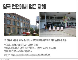 공간의 가치를 함께 만들고
그 권리와 효과도 합리적으로 공유하는 사회
공간 ‘소유자’와 ‘사용자’의 상생구조를 정립하자
공간 유통에 대한 새로운 마인드 필요
14년 11월 21일 금요일
 