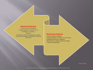 Σχολή Προπονητών Επιτραπέζιας Αντισφαίρισης Γ' Κατηγορίας 2014
Πρόωρη Εξειδίκευση
•Άμεση Αγωνιστική απόδοση
•Υψηλές Επιδόσεις σε ηλικίες 14-15
•Αστάθεια στις επιδόσεις
•Burnout
•Υψηλότερος κίνδυνος τραυματισμών εξαιτίας
πιεστικών προσαρμογών ή ανεπάρκειας Φυσικών
Ικανοτήτων
Πολύπλευρη Ανάπτυξη
•Αργή Αγωνιστική Απόδοση
•Υψηλές Επιδόσεις σε ηλικίες 18 ετών και άνω
•Σταθερή βελτίωση των επιδόσεων
•Μεγαλύτερη σε διάρκεια αθλητική καριέρα
•Λιγότεροι τραυματισμοί
Harre, 1982
 