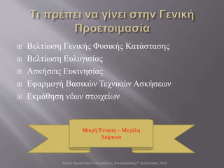  Βελτίωση Γενικής Φυσικής Κατάστασης
 Βελτίωση Ευλυγισίας
 Ασκήσεις Ευκινησίας
 Εφαρμογή Βασικών Τεχνικών Ασκήσεων
 Εκμάθηση νέων στοιχείων
Σχολή Προπονητών Επιτραπέζιας Αντισφαίρισης Γ' Κατηγορίας 2014
Μικρή Ένταση – Μεγάλη
Διάρκεια
 