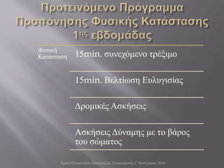 Σχολή Προπονητών Επιτραπέζιας Αντισφαίρισης Γ' Κατηγορίας 2014
Φυσική
Κατάσταση 15min. συνεχόμενο τρέξιμο
15min. Βελτίωση Ευλυγισίας
Δρομικές Ασκήσεις
Ασκήσεις Δύναμης με το βάρος
του σώματος
 