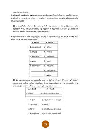 15
μια σύντομη φράση.
6. α) ειρκτή, παράταξη, τυχερός, υπαγωγή, επίκειται: Με τις λέξεις που σας δίδονται (οι
οποίες είναι ομόρριζες με λέξεις του κειμένου) να σχηματίσετε από μία πρόταση στη νέα
ελληνική γλώσσα.
β) καταδουλοῦν, τέμνειν, ξυνίσταντο, λαβόντες, νομίζειν : Να γράψετε από μία
ομόρριζη λέξη, απλή ή σύνθετη, της αρχαίας ή της νέας ελληνικής γλώσσας για
καθεμία από τις παραπάνω λέξεις του κειμένου.
7. α) Να συνδέσετε κάθε λέξη της Α΄ στήλης με την αντώνυμή της στη Β΄ στήλη (δύο
λέξεις της Β΄ στήλης περισσεύουν):
Α΄ ΣΤΗΛΗ Β΄ ΣΤΗΛΗ
1. καταδουλῶ α) πένης
2. ὀλίγος β) οἰκεῖος
3. πλούσιος γ) ἐξέρχομαι
4. φίλος δ) πολύς
5. ἐσέρχομαι ε) ἐλευθερῶ
στ) παρέρχομαι
ζ) ἐχθρός
β) Να αντιστοιχίσετε τα ομόρριζα προς τις λέξεις τέμνειν, λέγοντες (Α΄ στήλη)
ουσιαστικά: τμῆσις, τμῆμα, υλοτόμος, λόγος, λογογράφος με την κατηγορία στην
οποία ανήκουν (Β΄ στήλη). Δύο κατηγορίες περισσεύουν.
Α΄ ΣΤΗΛΗ Β' ΣΤΗΛΗ
1. τμῆσις α) ενέργεια ή κατάσταση
2. τμῆμα β) όργανο ή μέσο ενέργειας
3. ὑλοτόμος γ) τόπος
4. λόγος δ) αποτέλεσμα ενέργειας
5. λογογράφος ε) πρόσωπο που ενεργεί
 