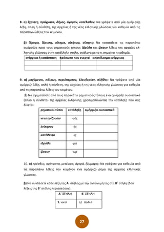 27
8. α) ἔχοντες, πράγµατα, δῆµος, ἀγοράν, κατέλαβον: Να γράψετε από µία οµόρ-ριζη
λέξη, απλή ή σύνθετη, της αρχαίας ή της νέας ελληνικής γλώσσας για καθεµία από τις
παραπάνω λέξεις του κειµένου.
β) ἵδρυµα, ἵδρυσις, οἴκηµα, οἰκήτωρ, οἴκησις: Να κατατάξετε τις παραπάνω
οµόρριζες προς τους ρηµατικούς τύπους ἱδρύθη και ᾤκουν λέξεις της αρχαίας ελ-
ληνικής γλώσσας στην κατάλληλη στήλη, ανάλογα µε το τι σηµαίνει η καθεµία.
ενέργεια ή κατάσταση πρόσωπο που ενεργεί αποτέλεσµα ενέργειας
9. α) µαχόµενοι, πόλεως, περιέπεµπον, ἐλευθερίαν, πλῆθος: Να γράψετε από µία
οµόρριζη λέξη, απλή ή σύνθετη, της αρχαίας ή της νέας ελληνικής γλώσσας για καθεµία
από τις παραπάνω λέξεις του κειµένου.
β) Να σχηµατίσετε από τους παρακάτω ρηµατικούς τύπους ένα οµόρριζο ουσιαστικό
(απλό ή σύνθετο) της αρχαίας ελληνικής, χρησιµοποιώντας την κατάληξη που σας
δίνεται:
ρηµατικοί τύποι κατάληξη οµόρριζα ουσιαστικά
νεωτερίζουσιν -µός
ἐνίκησαν -ής
κατέθεντο -ις
ἱδρύθη -µα
ᾤκουν -ωρ
10. α) πρέσβυς, πράγματα, μετέωρα, ἀγορά, ξύμμαχος: Να γράψετε για καθεμία από
τις παραπάνω λέξεις του κειμένου ένα ομόρριζο ρήμα της αρχαίας ελληνικής
γλώσσας.
β) Να συνδέσετε κάθε λέξη της Α΄ στήλης με την αντώνυμή της στη Β΄ στήλη (δύο
λέξεις της Β΄ στήλης περισσεύουν):
Α΄ ΣΤΗΛΗ Β΄ ΣΤΗΛΗ
1. νικῶ α) πολλά
 
