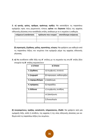 36
2. α) κριτής, κρίσις, πρᾶγµα, πράκτωρ, πρᾶξις: Να κατατάξετε τις παραπάνω
οµόρριζες προς τους ρηµατικούς τύπους κρῖναι και ἒπρασσε λέξεις της αρχαίας
ελληνικής γλώσσας στην κατάλληλη στήλη, ανάλογα µε το τι σηµαίνει η καθεµία.
ενέργεια ή κατάσταση πρόσωπο που ενεργεί αποτέλεσµα ενέργειας
β) στρατηγός, ξύµβασις, φίλος, προστάτης, κίνησις: Να γράψετε για καθεµία από
τις παραπάνω λέξεις του κειµένου ένα οµόρριζο ρήµα της αρχαίας ελληνικής
γλώσσας.
3. α) Να συνδέσετε κάθε λέξη της Α΄ στήλης µε τη σηµασία της στη Β΄ στήλη (δύο
στοιχεία της Β΄ στήλης περισσεύουν
β) ποιησαµένους, πράξας, καταλιπεῖν, πληρώσαντες, ἔλαβε: Να γράψετε από µία
οµόρριζη λέξη, απλή ή σύνθετη, της αρχαίας ή της νέας ελληνικής γλώσσας για κα-
θεµία από τις παραπάνω λέξεις του κειµένου.
Α΄ΣΤΗΛΗ Β΄ΣΤΗΛΗ
1. ξύµβασις α) συµφωνώ, συναινώ
2. ξυγχωρῶ β) παρηγορώ, καθησυχάζω
3. παραµυθοῦµαι γ) φοβούµαι
4. πρόφασις δ) παραδίδω
5. δέδοικα ε) συµφωνία, συνθήκη
στ) φανέρωση
ζ) δικαιολογία
 
