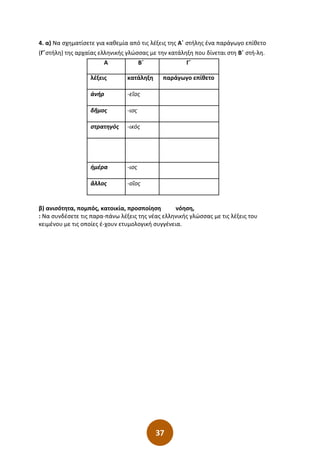37
4. α) Να σχηµατίσετε για καθεµία από τις λέξεις της Α΄ στήλης ένα παράγωγο επίθετο
(Γ΄στήλη) της αρχαίας ελληνικής γλώσσας µε την κατάληξη που δίνεται στη Β΄ στή-λη.
β) ανισότητα, ποµπός, κατοικία, προσποίηση νόηση,
: Να συνδέσετε τις παρα-πάνω λέξεις της νέας ελληνικής γλώσσας µε τις λέξεις του
κειµένου µε τις οποίες έ-χουν ετυµολογική συγγένεια.
Α Β΄ Γ΄
λέξεις κατάληξη παράγωγο επίθετο
ἀνήρ -εῖος
δῆµος -ιος
στρατηγός -ικός
ἡµέρα -ιος
ἄλλος -οῖος
 