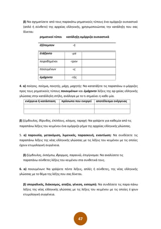47
β) Να σχηματίσετε από τους παρακάτω ρηματικούς τύπους ένα ομόρριζο ουσιαστικό
(απλό ή σύνθετο) της αρχαίας ελληνικής, χρησιμοποιώντας την κατάληξη που σας
δίνεται:
ρηματικοί τύποι κατάληξη ομόρριζα ουσιαστικά
ἐξέπεμπον -ή
ἐτάξαντο -μα
πεφοβημένοι -τρον
ποιουμένων -ις
ἐμάχοντο -τής
4. α) ποίησις, ποίημα, ποιητής, μάχη, μαχητής: Να κατατάξετε τις παραπάνω ο-μόρριζες
προς τους ρηματικούς τύπους ποιουμένων και ἐμάχοντο λέξεις της αρ-χαίας ελληνικής
γλώσσας στην κατάλληλη στήλη, ανάλογα με το τι σημαίνει η καθε-μία.
ενέργεια ή κατάσταση πρόσωπο που ενεργεί αποτέλεσμα ενέργειας
β) ξύμβουλος, θόρυβος, ἐπίπλους, κόσμος, ταραχή: Να γράψετε για καθεμία από τις
παραπάνω λέξεις του κειμένου ένα ομόρριζο ρήμα της αρχαίας ελληνικής γλώσσας.
5. α) παρουσία, μετακόμιση, λιμενικός, παρασκευή, εναντίωση: Να συνδέσετε τις
παραπάνω λέξεις της νέας ελληνικής γλώσσας με τις λέξεις του κειμένου με τις οποίες
έχουν ετυμολογική συγγένεια.
β) ξύμβουλος, ἐκπέμπω, ἔφορμος, παραινῶ, ἐπιγίγνομαι: Να αναλύσετε τις
παραπάνω σύνθετες λέξεις του κειμένου στα συνθετικά τους.
6. α) ποιουμένων: Να γράψετε πέντε λέξεις, απλές ή σύνθετες, της νέας ελληνικής
γλώσσας με το θέμα της λέξης που σας δίνεται.
β) σποραδικός, διάκοσμος, αταξία, γένεση, εκπομπή: Να συνδέσετε τις παρα-πάνω
λέξεις της νέας ελληνικής γλώσσας με τις λέξεις του κειμένου με τις οποίες έ-χουν
ετυμολογική συγγένεια.
 