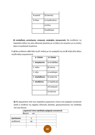 60
4. κρατῶ δ) ἐναντίος
5. λέγω ε) συμβουλεύω
στ) δύω
ζ) φοβοῦμαι
β) εκπόρθηση, μετακόμιση, υπαγωγή, ισοψηφία, ηπειρωτικός: Να συνδέσετε τις
παραπάνω λέξεις της νέας ελληνικής γλώσσας με τις λέξεις του κειμένου με τις οποίες
έχουν ετυμολογική συγγένεια.
7. α) Να συνδέσετε κάθε λέξη της Α΄ στήλης με την ομόρριζή της στη Β΄στήλη (δύο λέξεις
της Β΄στήλης περισσεύουν):
β) Να σχηματίσετε από τους παρακάτω ρηματικούς τύπους ένα ομόρριζο ουσιαστικό
(απλό ή σύνθετο) της αρχαίας ελληνικής γλώσσας, χρησιμοποιώντας την κατάληξη
που σας δίνεται:
ρηματικοί τύποι κατάληξη ομόρριζα ουσιαστικά
ἔχοντες -μα
ἐφύλασσον -ή
σωθήσεται -ήρ
Α΄ ΣΤΗΛΗ Β΄ ΣΤΗΛΗ
1. ἀνηγάγοντο α) αποβάθρα
2. πόλιν β) ναύτης
3. νῆες γ) κατάληψη
4. ἀναλάβωσιν δ) αναλυτής
5. ἀποβάντες ε) παράλειψη
στ) αναγωγή
ζ) πολιτεία
 
