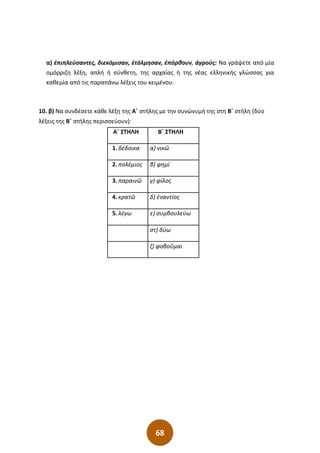 68
α) ἐπιπλεύσαντες, διεκόμισαν, ἐτόλμησαν, ἐπόρθουν, ἀγρούς: Να γράψετε από μία
ομόρριζη λέξη, απλή ή σύνθετη, της αρχαίας ή της νέας ελληνικής γλώσσας για
καθεμία από τις παραπάνω λέξεις του κειμένου.
10. β) Να συνδέσετε κάθε λέξη της Α΄ στήλης με την συνώνυμή της στη Β΄ στήλη (δύο
λέξεις της Β΄ στήλης περισσεύουν):
Α΄ ΣΤΗΛΗ Β΄ ΣΤΗΛΗ
1. δέδοικα α) νικῶ
2. πολέμιος β) φημί
3. παραινῶ γ) φίλος
4. κρατῶ δ) ἐναντίος
5. λέγω ε) συμβουλεύω
στ) δύω
ζ) φοβοῦμαι
 