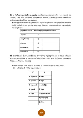 69
11. α) ἐτόλμησαν, ἐπόρθουν, ἀγρούς, απέπλευσαν, απέστειλαν: Να γράψετε από μία
ομόρριζη λέξη, απλή ή σύνθετη, της αρχαίας ή της νέας ελληνικής γλώσσας για καθεμία
από τις παραπάνω λέξεις του κειμένου.
β) Να σχηματίσετε από τους παρακάτω ρηματικούς τύπους ένα ομόρριζο ουσιαστικό
(απλό ή σύνθετο) της αρχαίας ελληνικής γλώσσας, χρησιμοποιώντας την κατάληξη
που σας δίνεται:
ρηματικοί τύποι κατάληξη ομόρριζα ουσιαστικά
λέγεται -ος
ἀνηγάγοντο -ή
ἔπεισαν -ώ
ἀποβάντες -ις
σωθήσεται -ήρ
12. α) ἐπέπλεον, ὄντας, ἀποβάντες, ἰσοψήφου, στρατηγόν: Από το θέµα καθεµιάς
λέξης που σας δίνεται να γράψετε από µία οµόρριζη λέξη, απλή ή σύνθετη, της αρχαίας
ή της νέας ελληνικής γλώσσας.
β) Να συνδέσετε κάθε λέξη της Α΄ στήλης µε την συνώνυµή της στη Β΄ στήλη
(δύο λέξεις της Β΄ στήλης περισσεύουν):
Α΄ Β΄
1. περιδεής α) νικῶ
2. ἤπειρος β) φηµί
3. παραινῶ γ) εὐλαβής
4. κρατῶ δ) ξηρά
5. λέγω ε) συµβουλεύω
στ) ἔντροµος
ζ) αἴρω
 