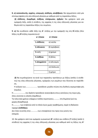 74
8. α) καταναλωτής, αγχόνη, υπαγωγή, αίσθηση, αποβίβαση: Να σχηματίσετε από μία
σύντομη φράση στη νέα ελληνική γλώσσα με καθεμία από τις παραπάνω λέξεις.
β) ἐλθόντες, διαφθορά, ἐσβῆναι, ἐπλήρωσαν, ἐχθρῶν: Να γράψετε από μία
ομόρριζη λέξη, απλή ή σύνθετη, της αρχαίας ή της νέας ελληνικής γλώσσας για κα-
θεμία από τις παραπάνω λέξεις του κειμένου.
9. α) Να συνδέσετε κάθε λέξη της Α΄ στήλης με την ομόρριζή της στη Β΄στήλη (δύο
λέξεις της Β΄στήλης περισσεύουν):
Α΄ ΣΤΗΛΗ Β΄ ΣΤΗΛΗ
1.ἐλθόντες α) ναύλα
2.ἐδύναντο β) πρόσβαση
3.ναῦς γ) χρώμα
4.ἐσβῆναι δ) βέλος
5.ἀπεχρῶντο ε) αδυναμία
στ) διέλευση
ζ) χρήμα
β) Να συμπληρώσετε τα κενά των παρακάτω προτάσεων με λέξεις (απλές ή σύνθε-
τες) της νέας ελληνικής γλώσσας, ομόρριζες των ρημάτων που δίνονται σε παρένθε-
ση.
Η αύξηση των....................... προκάλεσε μεγάλη πτώση στις διεθνείς αερομεταφο-ρές
(κομίζω).
Η.........................του δράστη προκάλεσε ανακούφιση στους κατοίκους της περιο-χής,
όπου γίνονταν οι κλοπές (λαμβάνω).
Τα τελευταία χρόνια υπάρχουν πολλές περιπτώσεις ………… στη δημόσια ζωή της
χώρας (διαφθείρω).
Η…………… των επιβατών από το πλοίο έγινε χωρίς προβλήματα, παρά τη θαλασσο-
ταραχή (ἐκβιβάζω).
Δεν ήταν συνεπής στην ……………των υποσχέσεών του προς τους γονείς του
(πληρῶ).
10. Να γράψετε από ένα ομόρριζο ουσιαστικό (Β΄ στήλη) και επίθετο (Γ΄στήλη) (απλό ή
σύνθετο) της αρχαίας ή της νέας ελληνικής γλώσσας για καθεμιά από τις λέξεις της Α΄
 