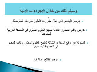 ‫المتوسطة‬ ‫للمرحلة‬ ‫العلوم‬ ‫مقررات‬ ‫تمثل‬ ‫التي‬ ‫الوثائق‬ ‫عرض‬.
‫العرب‬ ‫المملكة‬ ‫في‬ ‫المطور‬ ‫العلوم‬ ‫لمنهج‬ ‫الثالثة‬ ‫المحاور‬ ‫واقع‬ ‫عرض‬‫ية‬
‫السعودية‬.
‫المح‬ ‫وذات‬ ‫المطور‬ ‫العلوم‬ ‫لمنهج‬ ‫الثالثة‬ ‫المحاور‬ ‫واقع‬ ‫بين‬ ‫المقارنة‬‫اور‬
‫األساسية‬ ‫النظرية‬ ‫في‬.
‫المقارنة‬ ‫نتائج‬ ‫عرض‬.
 