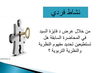 ‫السيد‬ ‫فايزة‬ ‫د‬ ‫عرض‬ ‫خالل‬ ‫من‬
‫هل‬ ‫السابقة‬ ‫المحاضرة‬ ‫في‬
‫الن‬ ‫مفهوم‬ ‫تحديد‬ ‫تستطيعين‬‫ظرية‬
‫؟‬ ‫التربوية‬ ‫والنظرية‬
‫فردي‬ ‫نشاط‬
 