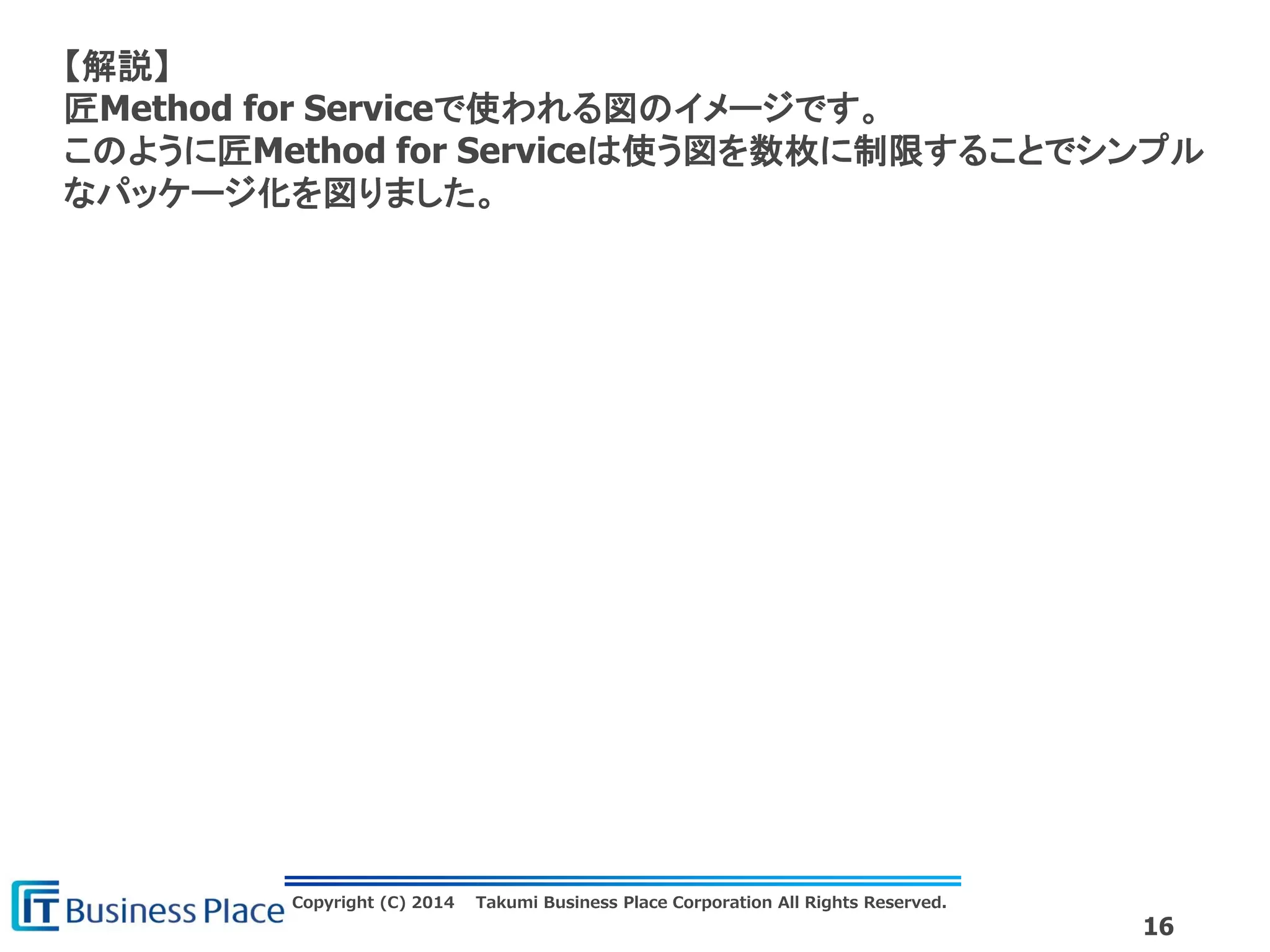 Copyright (C) 2014 Takumi Business Place Corporation All Rights Reserved.
16
【解説】
匠Method for Serviceで使われる図のイメージです。
このように匠Method for Serviceは使う図を数枚に制限することでシンプル
なパッケージ化を図りました。
 