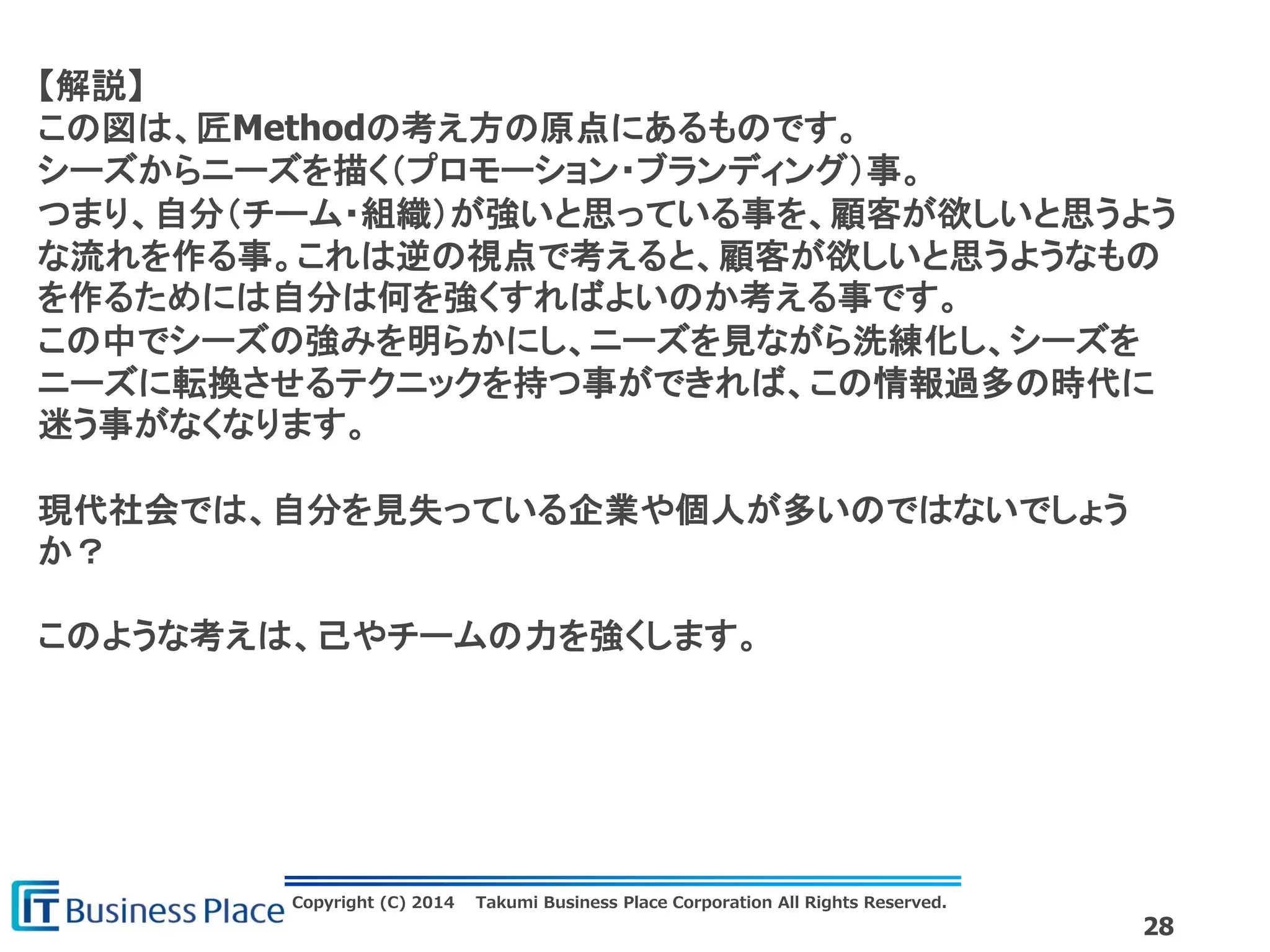 Copyright (C) 2014 Takumi Business Place Corporation All Rights Reserved.
28
【解説】
この図は、匠Methodの考え方の原点にあるものです。
シーズからニーズを描く（プロモーション・ブランディング）事。
つまり、自分（チーム・組織）が強いと思っている事を、顧客が欲しいと思うよう
な流れを作る事。これは逆の視点で考えると、顧客が欲しいと思うようなもの
を作るためには自分は何を強くすればよいのか考える事です。
この中でシーズの強みを明らかにし、ニーズを見ながら洗練化し、シーズを
ニーズに転換させるテクニックを持つ事ができれば、この情報過多の時代に
迷う事がなくなります。
現代社会では、自分を見失っている企業や個人が多いのではないでしょう
か？
このような考えは、己やチームの力を強くします。
 