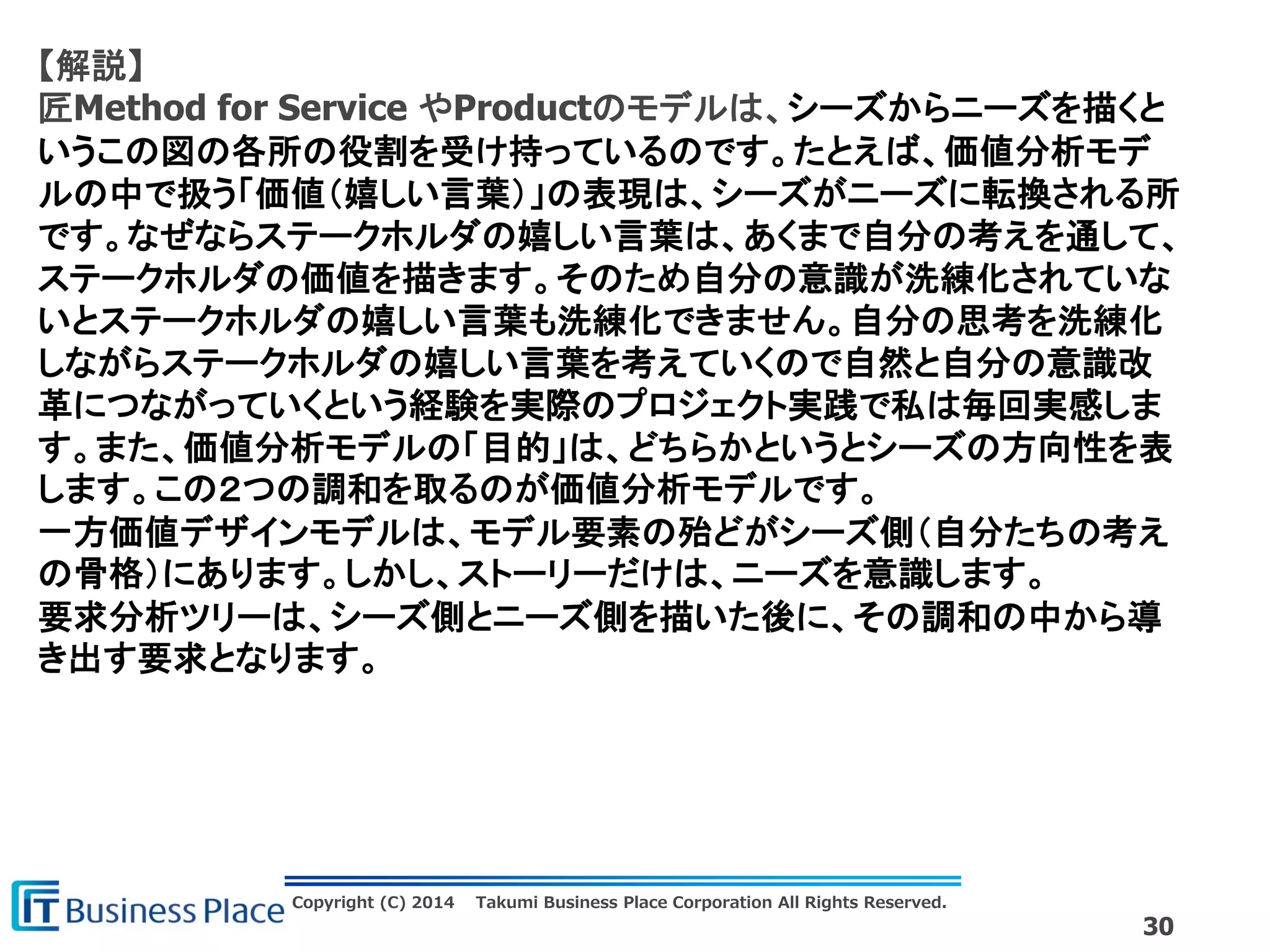 Copyright (C) 2014 Takumi Business Place Corporation All Rights Reserved.
30
【解説】
匠Method for Service やProductのモデルは、シーズからニーズを描くと
いうこの図の各所の役割を受け持っているのです。たとえば、価値分析モデ
ルの中で扱う「価値（嬉しい言葉）」の表現は、シーズがニーズに転換される所
です。なぜならステークホルダの嬉しい言葉は、あくまで自分の考えを通して、
ステークホルダの価値を描きます。そのため自分の意識が洗練化されていな
いとステークホルダの嬉しい言葉も洗練化できません。自分の思考を洗練化
しながらステークホルダの嬉しい言葉を考えていくので自然と自分の意識改
革につながっていくという経験を実際のプロジェクト実践で私は毎回実感しま
す。また、価値分析モデルの「目的」は、どちらかというとシーズの方向性を表
します。この２つの調和を取るのが価値分析モデルです。
一方価値デザインモデルは、モデル要素の殆どがシーズ側（自分たちの考え
の骨格）にあります。しかし、ストーリーだけは、ニーズを意識します。
要求分析ツリーは、シーズ側とニーズ側を描いた後に、その調和の中から導
き出す要求となります。
 
