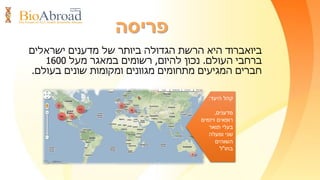 ‫אנחנו‬ ‫מי‬?
‫מטרות‬:
.1‫מדענים‬ ‫עידוד‬,‫בחו‬ ‫השוהים‬ ‫ישראלים‬ ‫ויזמים‬ ‫רופאים‬"‫לישראל‬ ‫לשוב‬ ‫ל‬
‫הידע‬ ‫את‬ ‫עימם‬ ‫להביא‬ ‫מנת‬ ‫על‬,‫לאקדמיה‬ ‫שצברו‬ ‫והיכולות‬ ‫הניסיון‬
‫ולתעשייה‬.
.2‫חברתית‬ ‫רשת‬ ‫טיפוח‬-‫בעולם‬ ‫ישראלים‬ ‫מדענים‬ ‫של‬ ‫פעילה‬ ‫מקצועית‬
‫בישראל‬ ‫ולתעשייה‬ ‫לאקדמיה‬ ‫וחיבורה‬.
.3‫בחו‬ ‫השוהים‬ ‫ישראלים‬ ‫מוחות‬ ‫של‬ ‫הישראלית‬ ‫הזהות‬ ‫ושימור‬ ‫חיזוק‬"‫ל‬
‫ביואברוד‬‫ללא‬ ‫ארגון‬ ‫הוא‬‫רווח‬ ‫כוונת‬‫הפועל‬‫מאז‬2006.‫אנו‬‫שמירת‬ ‫כי‬ ‫מאמינים‬
‫מדענים‬ ‫עם‬ ‫הקשר‬,‫רופאים‬,‫ויזמים‬ ‫חוקרים‬‫בחו‬ ‫השוהים‬ ‫ישראלים‬"‫את‬ ‫מחזקת‬ ‫ל‬
‫ישראל‬ ‫מדינת‬.
 