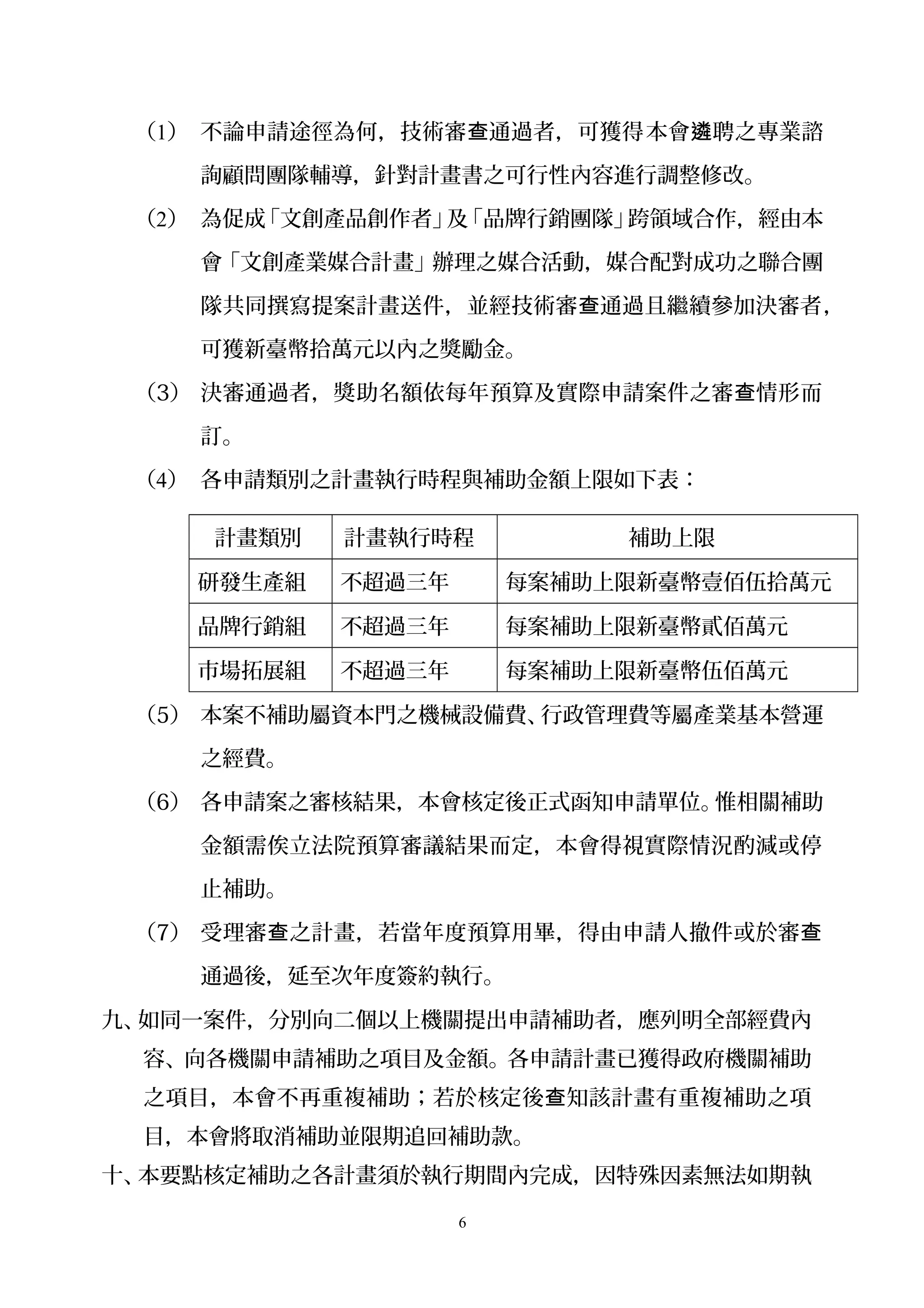 （1） 不論申請途徑為何，技術審 通過者，可獲得查 本會 聘之遴 專業諮
詢顧問團隊輔導，針對計畫書之可行性內容進行調整修改。
（2） 為促成「文創產品創作者」及「品牌行銷團隊」跨領域合作，經由本
會「文創產業媒合計畫」辦理之媒合活動，媒合配對成功之聯合團
隊共同撰寫提案計畫送件，並經技術審 通過且繼續參加決審者查 ，
可獲新臺幣拾萬元以內之獎勵金。
（3） 決審通過者，獎助名額依每年預算及實際申請案件之審 情形而查
訂。
（4） 各申請類別之計畫執行時程與補助金額上限如下表：
計畫類別 計畫執行時程 補助上限
研發生產組 不超過三年 每案補助上限新臺幣壹佰伍拾萬元
品牌行銷組 不超過三年 每案補助上限新臺幣貳佰萬元
市場拓展組 不超過三年 每案補助上限新臺幣伍佰萬元
（5） 本案不補助屬資本門之機械設備費、行政管理費等屬產業基本營運
之經費。
（6） 各申請案之審核結果，本會核定後正式函知申請單位。惟相關補助
金額需俟立法院預算審議結果而定，本會得視實際情況酌減或停
止補助。
（7） 受理審 之計畫，若當年度預算用畢，得由申請人撤件或於審查 查
通過後，延至次年度簽約執行。
九、如同一案件，分別向二個以上機關提出申請補助者，應列明全部經費內
容、向各機關申請補助之項目及金額。各申請計畫已獲得政府機關補助
之項目，本會不再重複補助；若於核定後 知該計畫有重複補助之項查
目，本會將取消補助並限期追回補助款。
十、本要點核定補助之各計畫須於執行期間內完成，因特殊因素無法如期執
6
 