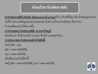 รัวแลปรอาร์เรย์หลายรัว
อาร์เรย์หลายมร (Multi-dimensional array) คือ อาร์เรย์ที่มีสมาชิกเป็นข้อมูลอาร์เรย์
นั่นคือ ในหน่วยข้อมูลแต่ละหน่วยของอาร์เรย์ จะเป็นอาร์เรย์ย่อยๆ ซึ่งอาจจะ
กาหนดซ้อนลงไปได้หลายชั้น
การกาหนดอาร์เรย์หลายมร จสกรสทาในรูป
ชนิดตัวแปร ชื่อตัวแปร[จานวนสมาชิก][จานวนสมาชิก]….;
การปรสกาศอาร์เรย์หลายรัวทาได้ดังนี้
int [] abc , xyz;
abc= new int[500];
xyz = new int[10];
หรือเขียนรวมกันได้ดังนี้
int[] abc = new int[500], xyz = new int[10];
 