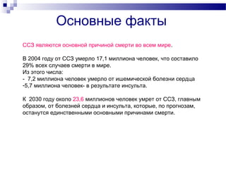 Основные факты
ССЗ являются основной причиной смерти во всем мире.
В 2004 году от ССЗ умерло 17,1 миллиона человек, что составило
29% всех случаев смерти в мире.
Из этого числа:
- 7,2 миллиона человек умерло от ишемической болезни сердца
-5,7 миллиона человек- в результате инсульта.
К 2030 году около 23,6 миллионов человек умрет от ССЗ, главным
образом, от болезней сердца и инсульта, которые, по прогнозам,
останутся единственными основными причинами смерти.
 