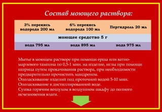 Состав моющего раствора:
3% перекись
водорода 200 мл
6% перекись
водорода 100 мл
Пергидроль 20 мл
моющее средство 5 г
вода 795 мл вода 895 мл вода 975 мл
 
Мытье в моющем растворе при помощи ерша или ватно-
марлевого тампона по 0,5-1 мин. на изделие, иглы при помощи
шприца путем прокачивания раствора, при необходимости
предварительно прочистить мандреном.
Ополаскивание изделий под проточной водой 5-10 мин.
Ополаскивание в дистиллированной воде.
Сушка горячим воздухом в воздушном шкафу до полного
исчезновения влаги.
 