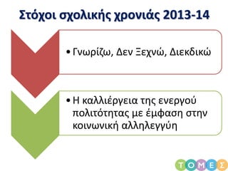Στόχοι σχολικής χρονιάς 2013-14
•Γνωρίζω, Δεν Ξεχνώ, Διεκδικώ
•Η καλλιέργεια της ενεργού
πολιτότητας με έμφαση στην
κοινωνική αλληλεγγύη
 