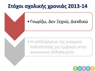 Στόχοι σχολικής χρονιάς 2013-14
•Γνωρίζω, Δεν Ξεχνώ, Διεκδικώ
•Η καλλιέργεια της ενεργού
πολιτότητας με έμφαση στην
κοινωνική αλληλεγγύη
 