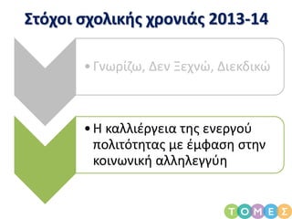 Στόχοι σχολικής χρονιάς 2013-14
•Γνωρίζω, Δεν Ξεχνώ, Διεκδικώ
•Η καλλιέργεια της ενεργού
πολιτότητας με έμφαση στην
κοινωνική αλληλεγγύη
 