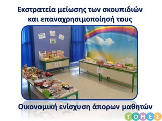 Εκστρατεία μείωσης των σκουπιδιών
και επαναχρησιμοποίησή τους
Οικονομική ενίσχυση άπορων μαθητών
 