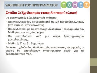 Στάδιο2:Σχεδιασμόςεκπαιδευτικού υλικού
Θα αναπτυχθούν δύο διδακτικές ενότητες:
• Θα επικεντρωθούν σε θέματα από τη ζωή των μαθητών/τριών
(στο σπίτι και στην κοινότητα)
• Θα συνδέονται με τα αντίστοιχα Αναλυτικά Προγράμματα των
Μαθηματικών στις δύο χώρες.
• Θα αποτελούνται από μια σειρά δραστηριοτήτων
μοντελοποίησης.
• Μαθητές Ε’ και Στ’ δημοτικού.
Θα αναπτυχθούν δύο διαδραστικές πολυμεσικές εφαρμογές, οι
οποίες θα αποτελέσουν υποστηρικτικό υλικό για τις
δραστηριότητες ΜΕΑ.
ΥΛΟΠΟΙΗΣΗΤΟΥΠΡΟΓΡΑΜΜΑΤΟΣ
 