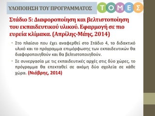 Στάδιο5:Διαφοροποίηση καιβελτιστοποίηση
τουεκπαιδευτικού υλικού. Εφαρμογήσεπιο
ευρείακλίμακα.(Απρίλης-Μάης,2014)
• Στο πλαίσιο που έχει αναφερθεί στο Στάδιο 4, το διδακτικό
υλικό και το πρόγραμμα επιμόρφωσης των εκπαιδευτικών θα
διαφοροποιηθούν και θα βελτιστοποιηθούν.
• Σε συνεργασία με τις εκπαιδευτικές αρχές στις δύο χώρες, το
πρόγραμμα θα επεκταθεί σε ακόμη δύο σχολεία σε κάθε
χώρα. (Νιόβρης, 2014)
ΥΛΟΠΟΙΗΣΗΤΟΥΠΡΟΓΡΑΜΜΑΤΟΣ
 
