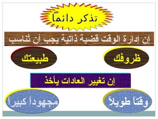 ‫دائما‬ ‫تذكر‬‫دائما‬ ‫تذكر‬
‫يأخذ‬ ‫العادات‬ ‫تغيير‬ ‫إن‬‫يأخذ‬ ‫العادات‬ ‫تغيير‬ ‫إن‬
‫تناتسب‬ُ‫ن‬ ‫أن‬ ‫يجب‬ ‫ذاتية‬ ‫قضية‬ ‫الوقت‬ ‫إدارة‬ ‫إن‬
‫ظروفك‬‫ظروفك‬‫طبيعتك‬‫طبيعتك‬
‫ا‬ً ‫كبير‬ ‫ا‬ً ‫مجهود‬‫ا‬ً ‫كبير‬ ‫ا‬ً ‫مجهود‬ ‫ل‬ً  ‫طوي‬ ‫ا‬ً ‫وقت‬‫ل‬ً  ‫طوي‬ ‫ا‬ً ‫وقت‬
 