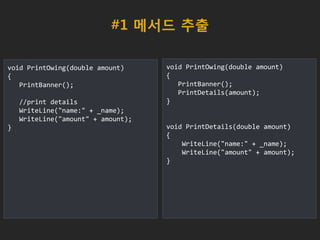 #1 메서드 추출
void PrintOwing(double amount)
{
PrintBanner();
//print details
WriteLine("name:" + _name);
WriteLine("amount" + amount);
}
void PrintOwing(double amount)
{
PrintBanner();
PrintDetails(amount);
}
void PrintDetails(double amount)
{
WriteLine("name:" + _name);
WriteLine("amount" + amount);
}
 