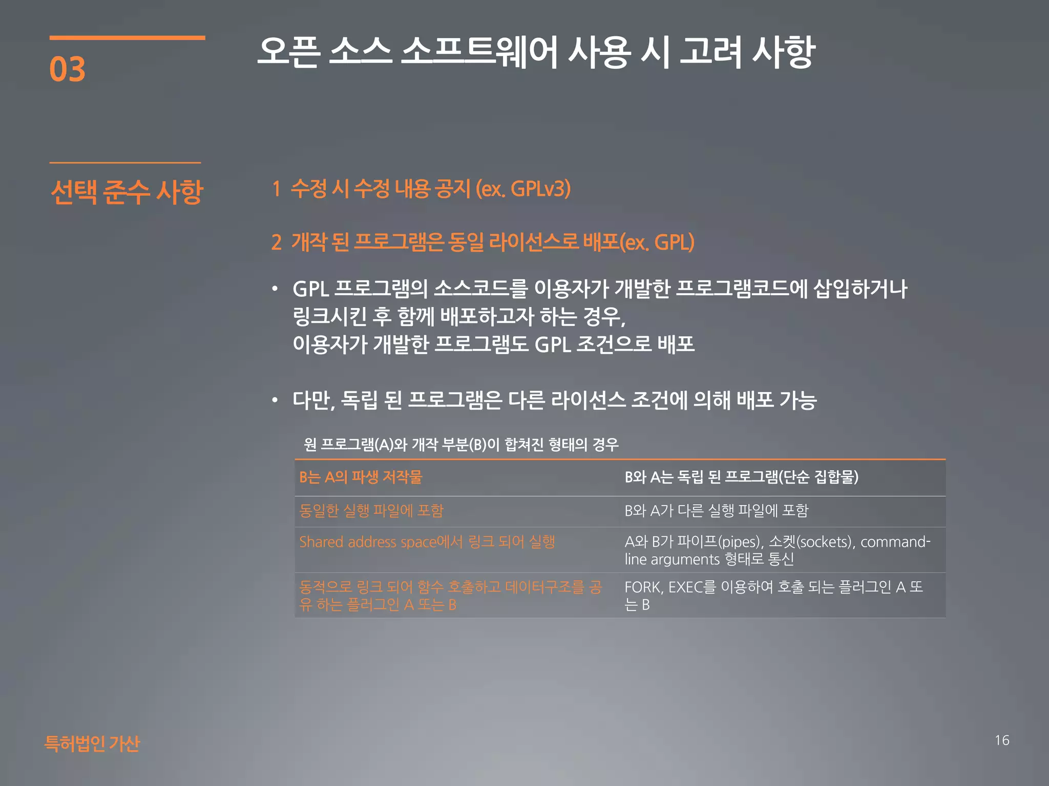 16
03
오픈 소스 소프트웨어 사용 시 고려 사항
특허법인가산
1 수정 시 수정 내용 공지 (ex. GPLv3)
2 개작 된 프로그램은동일 라이선스로배포(ex. GPL)
선택 준수 사항
B는 A의 파생 저작물 B와 A는 독립 된 프로그램(단순 집합물)
동일한 실행 파일에 포함
Shared address space에서 링크 되어 실행
동적으로 링크 되어 함수 호출하고 데이터구조를 공
유 하는 플러그인 A 또는 B
 