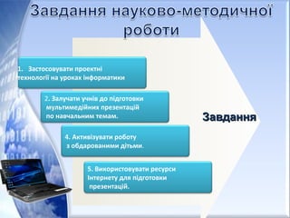 1. Застосовувати проектні
технології на уроках інформатики
2. Залучати учнів до підготовки
мультимедійних презентацій
по навчальним темам. ЗавданняЗавдання
4. Активізувати роботу
з обдарованими дітьми.
5. Використовувати ресурси
Інтернету для підготовки
презентацій.
 