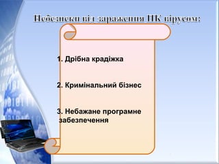 1. Дрібна крадіжка
2. Кримінальний бізнес
3. Небажане програмне
забезпечення
 