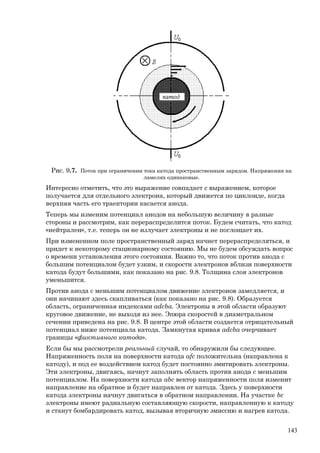 Рис. 9.7. Поток при ограничении тока катода пространственным зарядом. Напряжения на
ламелях одинаковые.
Интересно отметить, что это выражение совпадает с выражением, которое
получается для отдельного электрона, который движется по циклоиде, когда
верхняя часть его траектории касается анода.
Теперь мы изменим потенциал анодов на небольшую величину в разные
стороны и рассмотрим, как перераспределится поток. Будем считать, что катод
«нейтрален», т.е. теперь он не излучает электроны и не поглощает их.
При измененном поле пространственный заряд начнет перераспределяться, и
придет к некоторому стационарному состоянию. Мы не будем обсуждать вопрос
о времени установления этого состояния. Важно то, что поток против анода с
большим потенциалом будет узким, и скорости электронов вблизи поверхности
катода будут большими, как показано на рис. 9.8. Толщина слоя электронов
уменьшится.
Против анода с меньшим потенциалом движение электронов замедляется, и
они начинают здесь скапливаться (как показано на рис. 9.8). Образуется
область, ограниченная индексами adcbа. Электроны в этой области образуют
круговое движение, не выходя из нее. Эпюра скоростей в диаметральном
сечении приведена на рис. 9.8. В центре этой области создается отрицательный
потенциал ниже потенциала катода. Замкнутая кривая adcbа очерчивает
границы «фиктивного катода».
Если бы мы рассмотрели реальный случай, то обнаружили бы следующее.
Напряженность поля на поверхности катода afc положительна (направлена к
катоду), и под ее воздействием катод будет постоянно эмитировать электроны.
Эти электроны, двигаясь, начнут заполнять область против анода с меньшим
потенциалом. На поверхности катода abc вектор напряженности поля изменит
направление на обратное и будет направлен от катода. Здесь у поверхности
катода электроны начнут двигаться в обратном направлении. На участке bc
электроны имеют радиальную составляющую скорости, направленную к катоду
и станут бомбардировать катод, вызывая вторичную эмиссию и нагрев катода.
143
 